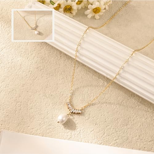 Pearl Necklaces for Women,Dainty Gold Pendant Necklaces Waterproof Jewelry | 14K Gold Plated Pearl Necklaces,Dainty Elegant Wedding Necklace,Small Cute Adjustable Minimalist Necklace,Non Tarnish Jewelry - color: GOLD-12