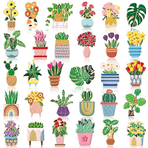 30/60 Pcs Cute Enamel Pins Bulk Plant Flower Animal Halloween Gothic Fall Pumpkin Cartoon Lapel Pin Brooches Jewelry Gift for Backpack Clothes Hats Accessories - style: Plant