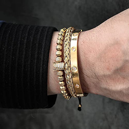 WFYOU 3PCS Stainless Steel Imperial Crown Bracelets for Men Gold Roman Numeral Bangle Bracelet Adjustable Cuff Bracelet Mens Luxury Jewelry Gifts - style: 01:Gold-Cubic Zirconia