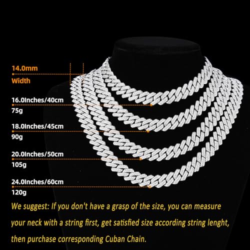 Mens Cuban Link Chain Miami Cuban Necklace 18K Gold Silver Chain For Men Women 14mm Iced Out Hip Hop Jewelry - color: 14K White Gold, size: 22 inches