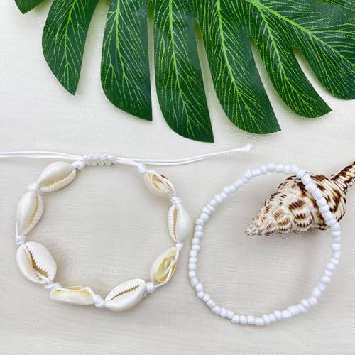 3PCS Boho Anklets for Women Summer Beach Women's Ankle Bracelets Beaded Anklet Bracelet Waterproof Beach Anklets Shell Starfish Anklet Foot Chain Jewelry for Women - color: 2PCS/white beaded