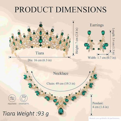 Kamirola Tiaras and Crowns for Women,Tiaras Earrings Necklace, Crystal Bridal Jewelry Set, Costume Jewelry for Women Party Halloween Prom Pageant - color: GOLD GREEN