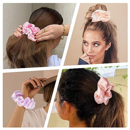 Satin Hair Scrunchies for Women's Thick Curly Hair - Big Ponytail Holders and Hair Ties for Girls, Cute No Crease No Damage Pony Tails - color: Pink