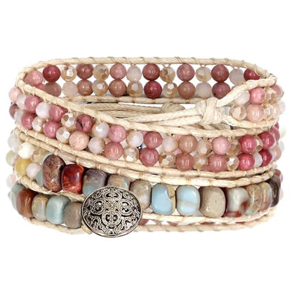 JR.DM Boho Beaded Bracelets for Women - Handmade Adjustable Crystal Natural Stone Bead Wrap Bracelets, Bohemian Jewelry Braided for Unique Birthday Gifts - color: A3 Khaki Natural Stone