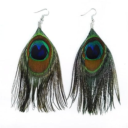 Peacock Feather Earrings for Women Native Handmade Lightweight Long Peacock Feather Boho Hook Earring Prom Party Festival Jewelry - color: Peacock Feather