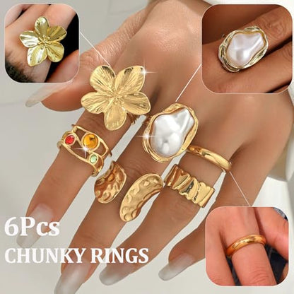 Chunky Stackable Rings Set for Women Non Tarnish Adjustable Open Stacking Knuckle Ring Chunky Joint Finger Midi Rings Pack Dainty Simple Statement Jewelry - style: D-6pcs flower pearl