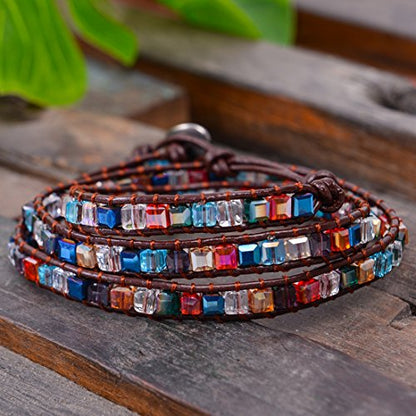 YGLINE Natural Stone Wrap Bracelet for Women Boho Bracelets Healing Crystal Beaded Bracelet Adjustable 3/5 Wraps Bracelet Handmade Birthday Gifts for Women - color: crystal cube