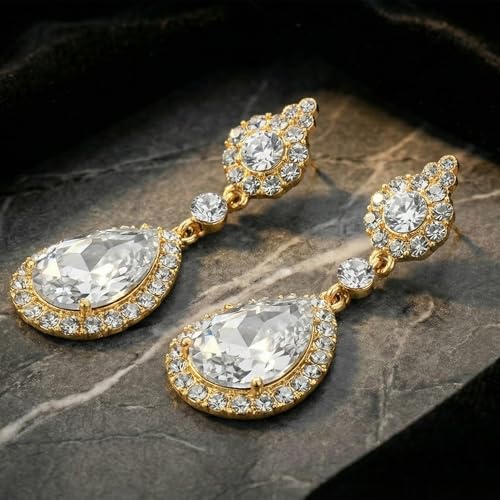 Mariell Black Crystal Teardrop Dangle Earrings, Jewlery for Brides, Bridesmaids, Prom and Wedding Parties - color: Gold