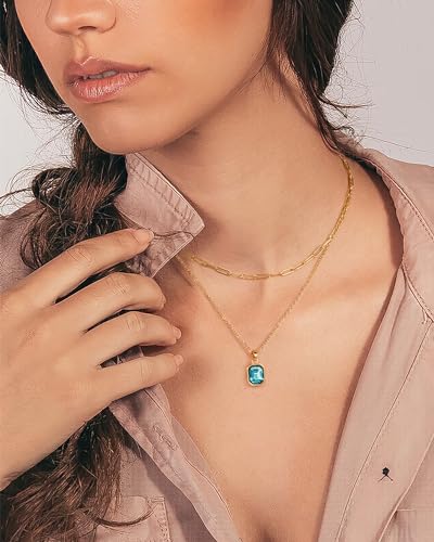 Gold Layered Necklaces for Women, 18k Gold Plated Crystal Necklace Paperclip Choker Emerald Green Jewelry for Women Gifts - color: Sea Blue