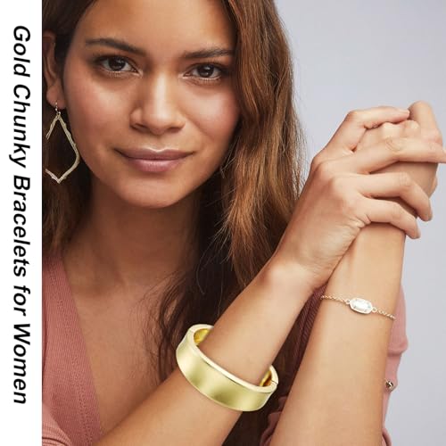 Chunky Gold Bangle Bracelets for Women, 14K Gold Plated Wide Cuff Bracelet | Stackable Open Cuff Bangles, Trendy Statement Jewelry Gift for Women - color: Gold-1