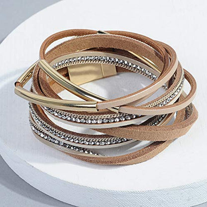 Artilady Leather Wrap Bracelet for Women, Pearl Beaded Bangle Stack Jewelry | Easy on-off, Elegant Handmade Multi-Layered, Daily Casual Date Beach Vacation, Gift for Ladies, Mother, Sister & Friend - style: Light Brown with Gold bar