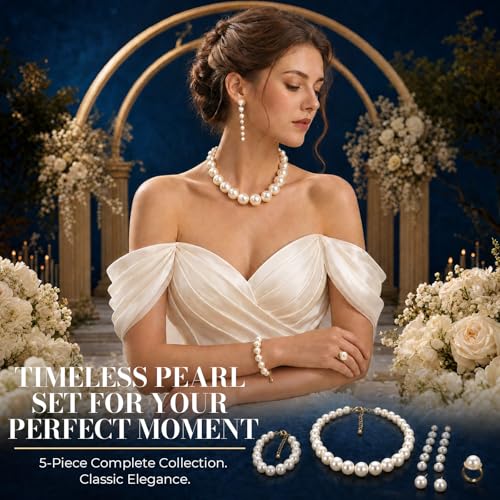4 Pcs Pearl Necklace Set for Women, Large Faux Pearls Jewelry with Earrings Bracelet, Collar De Perlas Accessories Para Mujer