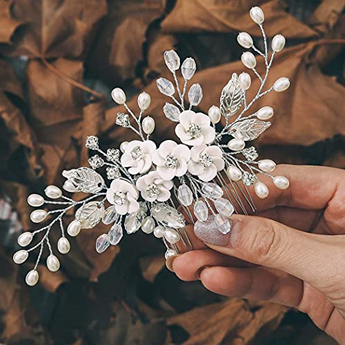 Unicra Flower Bride Wedding Hair Comb Leaf Silver Bridal Headpiece Pearl Hair Accessories Crystal Hair Piece Jewelry for Women (A Silver) - color: A Silver