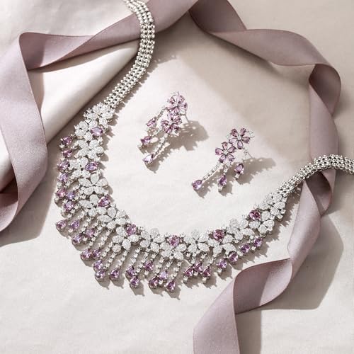 EVER FAITH Bridal Jewelry for Bride Bridesmaid, Elegant Cubic Zirconia Birthstone Cluster Flower Teardrop Wedding Party Necklace Dangle Earrings Sets for Women - color: Purple