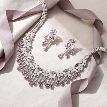 EVER FAITH Bridal Jewelry for Bride Bridesmaid, Elegant Cubic Zirconia Birthstone Cluster Flower Teardrop Wedding Party Necklace Dangle Earrings Sets for Women - color: Purple
