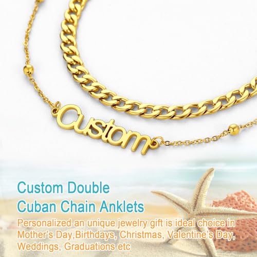 U7 Custom Layered Ankle Bracelets for Women Stainless Steel Bead/Cuban/Figaro/Rope/Wheat Chain Anklet Waterproof Anklet Jewelry for Beach Vacation - color: a-Gold Plated-Cuban Chain