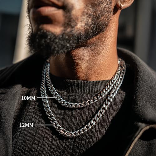 YAMI Stainless Steel Cuban Link Chain Necklace for men - Blue/Silver - color: Silver, size: 20"-12MM