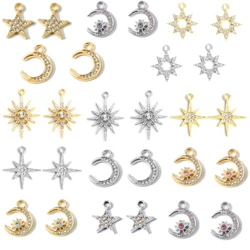 stino Jewelry Celestial Charms Set, Moon Star Sun Pendants | 48/56 Pcs, Silver & Gold Plated, DIY Jewelry Making Accessories - style: Rhinestone