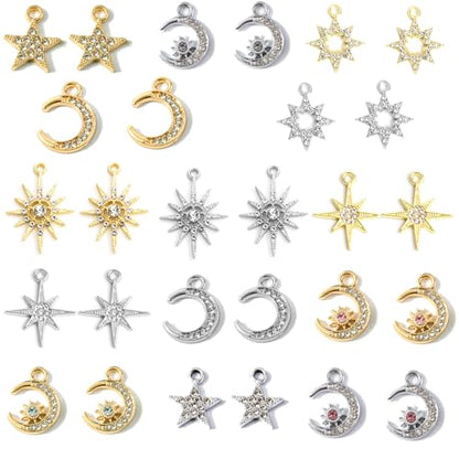 stino Jewelry Celestial Charms Set, Moon Star Sun Pendants | 48/56 Pcs, Silver & Gold Plated, DIY Jewelry Making Accessories - style: Rhinestone