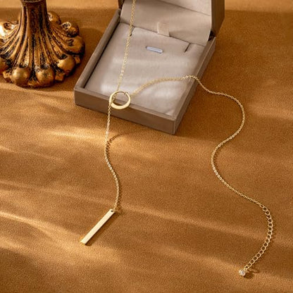 CHESKY Lariat Gold Necklace for Women, Dainty Long Necklace 14k Gold Plated Y-Shaped Pendant Necklace Trendy Layered CZ Beaded Chain Drop Necklaces Simple Gold Jewelry for Women Gifts - color: Circle