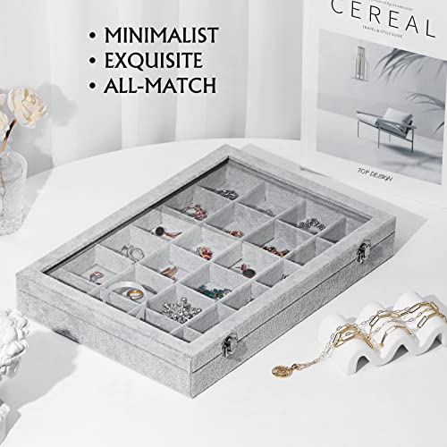 Emibele Velvet Jewelry Organizer Box, 24 Grids with Clear Lid Rings Earrings Bracelets Necklace Organizer Tray Showcase Display Jewelry Storage Case, Grey - style: K2- 24 Grids with Lid