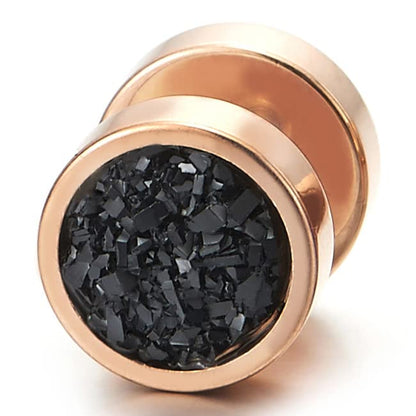 10mm Women Mens Black Circle Stud Earrings Black Glitter, Steel Cheater Fake Ear Plugs Gauges Tunnel - color: Metal color: Rose gold; Stone Color: Black