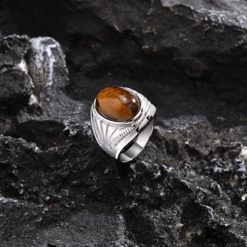 Silver Tiger Eye Stone Oval Signet Ring for Men and Women Stainless Steel Nature Stone Thumb Wedding Engagement Statement Pinky Band Rings Gift for Him, Size 7-13