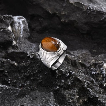 Silver Tiger Eye Stone Oval Signet Ring for Men and Women Stainless Steel Nature Stone Thumb Wedding Engagement Statement Pinky Band Rings Gift for Him, Size 7-13