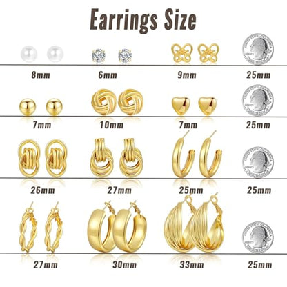 12 Pairs Chunky Gold Hoop Earrings for Women Trendy, Gold Plated Lightweight Hypoallergenic Stack, Thick Open Twisted Huggie Hoops Earring Set - color: 12 Pairs Gold CZ Dainty