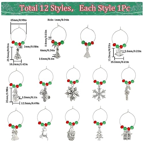 SUNNYCLUE 1 Box 12 Sets Christmas Wine Charms Silver Wine Glass Identication Charm Red Green Beads Brass Beading Hoops Rings Snowman Snowflake Party Drink Markers for Stemless Glasses - style: 12 Sets Silver Tone Christmas Wine Charms & Upgraded Gift Box