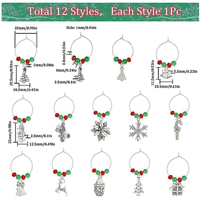 SUNNYCLUE 1 Box 12 Sets Christmas Wine Charms Silver Wine Glass Identication Charm Red Green Beads Brass Beading Hoops Rings Snowman Snowflake Party Drink Markers for Stemless Glasses - style: 12 Sets Silver Tone Christmas Wine Charms & Upgraded Gift Box