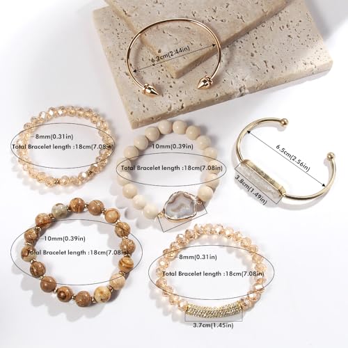Yomisa 5PCS 6PCS Natural Boho Beaded Bracelets/Bangle for Women Men,Healing Turquoise Jasper Agate Crystal Gemstone Stone Chakra Multilayer Wrap Bohemian Handmade Jewelry Beads Stretch Bracelet Set - color: 6PCS-Caramel