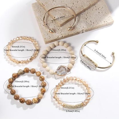 Yomisa 5PCS 6PCS Natural Boho Beaded Bracelets/Bangle for Women Men,Healing Turquoise Jasper Agate Crystal Gemstone Stone Chakra Multilayer Wrap Bohemian Handmade Jewelry Beads Stretch Bracelet Set - color: 6PCS-Caramel