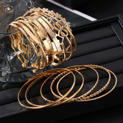 17IF Gold Bangle Bracelet For Women, 14k Multilayer Charm Textured Stackable Bracelets Boho Indian Chunky Cuff Fashion Jewelry Gift - style: 15 Pcs
