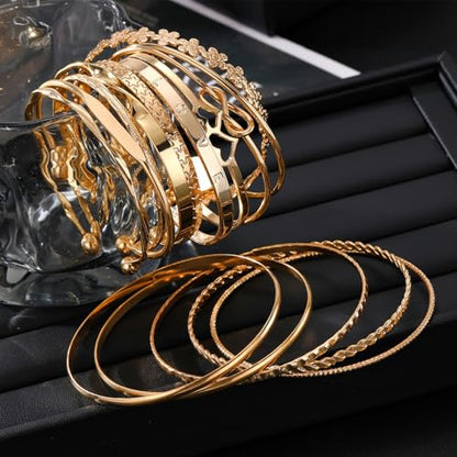 17IF Gold Bangle Bracelet For Women, 14k Multilayer Charm Textured Stackable Bracelets Boho Indian Chunky Cuff Fashion Jewelry Gift - style: 15 Pcs