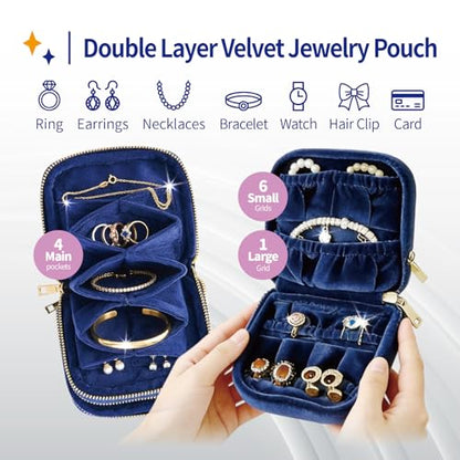 Small Travel Jewelry Case with Earring Box Mini Jewelry Case | Double-Layer Velvet Travel Jewelry Organizer Pouch with 7 grids & 4 Pockets, for Necklace Bracelet, Gifts for Women,Navy Blue - color: Dark blue double-layer
