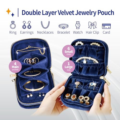 Small Travel Jewelry Case with Earring Box Mini Jewelry Case | Double-Layer Velvet Travel Jewelry Organizer Pouch with 7 grids & 4 Pockets, for Necklace Bracelet, Gifts for Women,Navy Blue - color: Dark blue double-layer