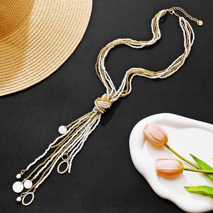 Coiris Long Seed Beaded Multi Strand Necklace,10 Multiple Statement Long Bib Necklace with Tie Knot for Women and Girls Jewelry - color: Natural