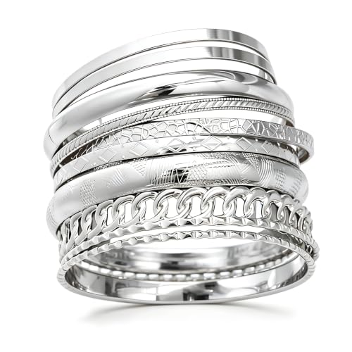 ÌF ME Gold Bangle Bracelets for Women, Indian Bangles Stackable Set, Multi Layer Textured 18K Gold Plated Chunky Bracelets Boho Jewelrys Set - style: C-silver-10PCS Chunky bangle