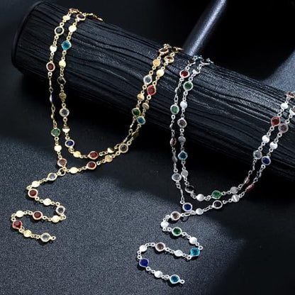 Colorful Crystal Long Necklace for Women Dainty Boho Y-Shaped Color Bead Necklaces Sparkly Rhinestone Pendant Layered Gold Long Chain Choker Good Luck Trend Jewelry Gift Jewelry - color: Cross+Double Silver