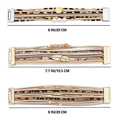 Wowanoo 3Pack Leather Cuff Bracelet Set Multilayer Wrap Bracelet Crystal Feather Tree Bracelet Magnetic Clasp Bracelet for Women - color: Leopard