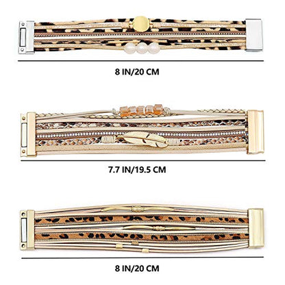 Wowanoo 3Pack Leather Cuff Bracelet Set Multilayer Wrap Bracelet Crystal Feather Tree Bracelet Magnetic Clasp Bracelet for Women - color: Leopard
