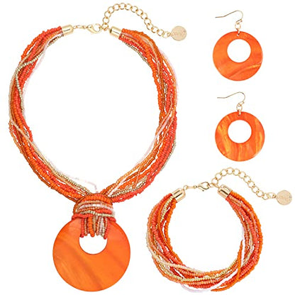 Coiris Multi Strand Statement Colorful Beaded Necklace with Big Circle Shell Pendant for Women - color: ST0012-Orange
