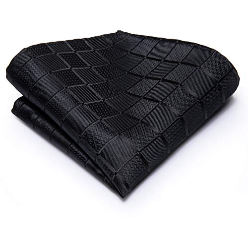 Hi-Tie Men 63inches Tie Set Extra Long Necktie Paisley Tie Pocket Suqare Cufflinks Big and Tall Men Tie - color: Black Plaid