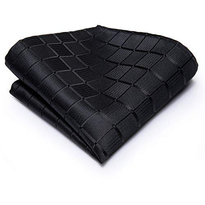Hi-Tie Men 63inches Tie Set Extra Long Necktie Paisley Tie Pocket Suqare Cufflinks Big and Tall Men Tie - color: Black Plaid