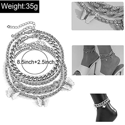 Layered Butterfly Anklet for Women Charms Butterfly Gold Plate Silver Plate Rhinestone Cuban Anklets Adjustable Anklet for Summer Beach - color: Silver plate