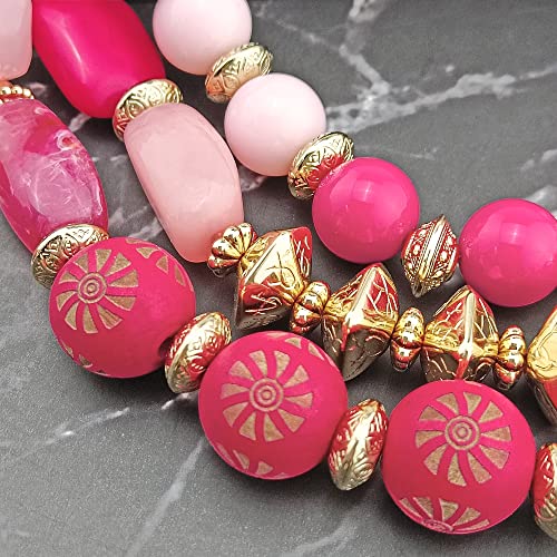 Bocar 3 Layer Chunky Statement Beaded Necklace and Earrings Set, Fashion Multi Layer Women Collar Necklace Jewelry Set - color: Bright Rose-Gold