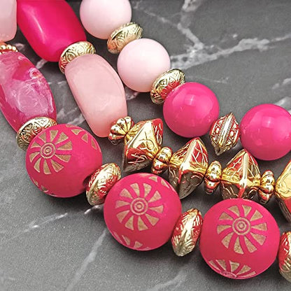 Bocar 3 Layer Chunky Statement Beaded Necklace and Earrings Set, Fashion Multi Layer Women Collar Necklace Jewelry Set - color: Bright Rose-Gold