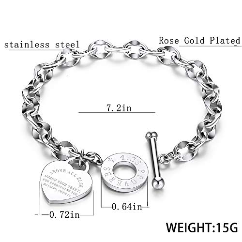 kelistom 316L Stainless Steel Love Heart Charm Bracelet for Women Romantic Gift Silver/Rose/18k Gold Plated OT Clasp Bracelets - color: silver
