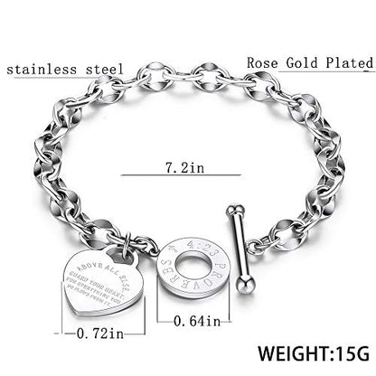 kelistom 316L Stainless Steel Love Heart Charm Bracelet for Women Romantic Gift Silver/Rose/18k Gold Plated OT Clasp Bracelets - color: silver